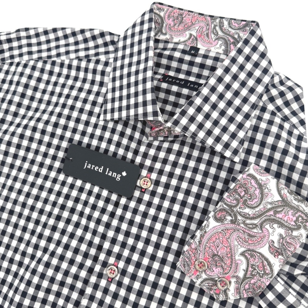 Jared Lang Shirt Mens M Black Gingham Paisley Trim Flip Cuff Long Sleeve NEW